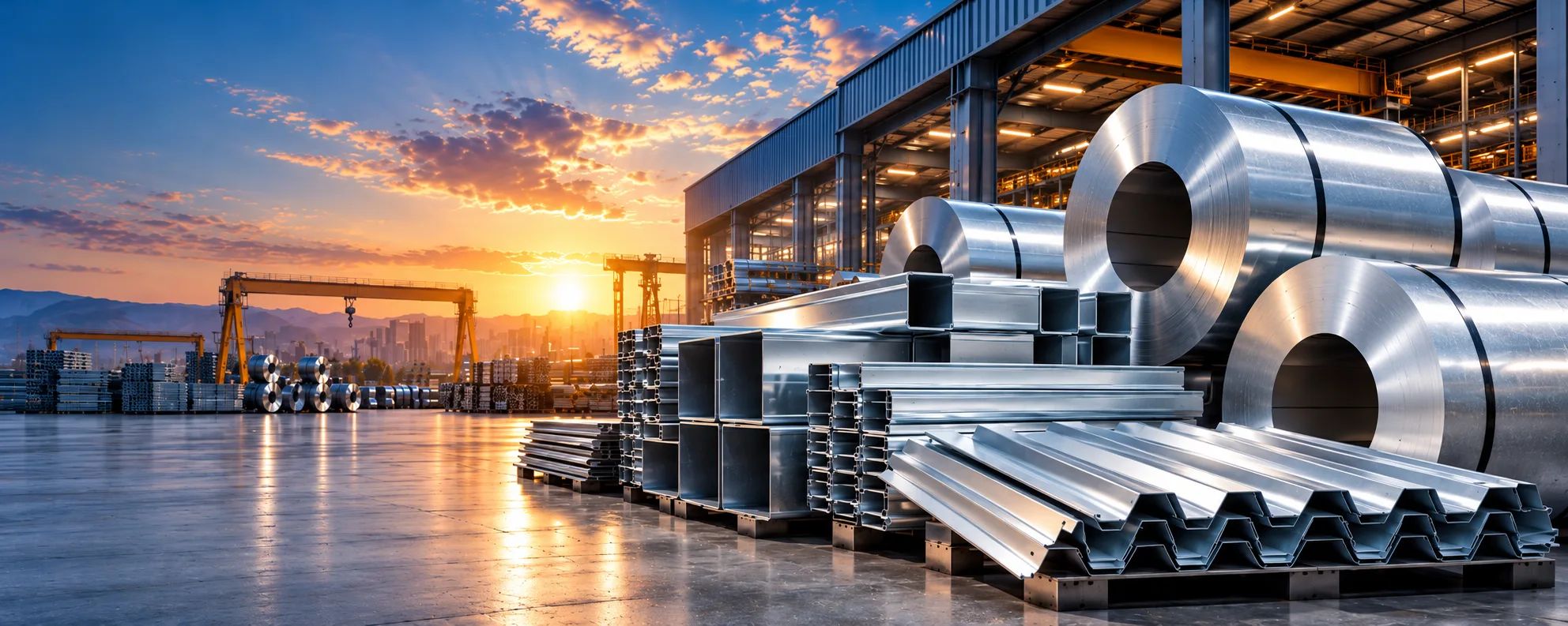 Close-up of galvanized steel coils in stock
